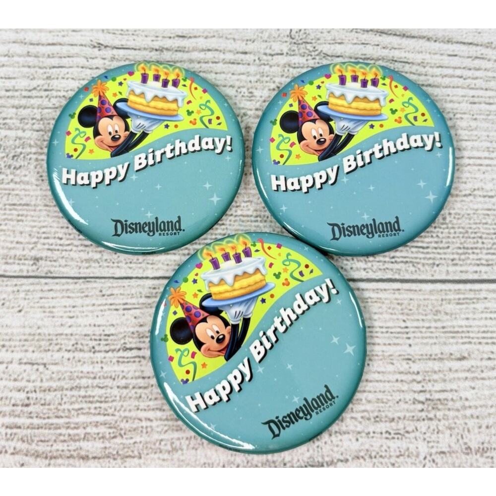 Disneyland 3" HAPPY BIRTHDAY Button Pin Disney Mickey Cake Lot Of 3
